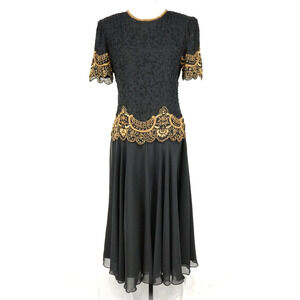 Brillante by JA Dress Womens Large Black Sequin Gold Trim Chiffon Formal Vintage